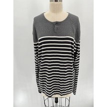 Vince Pullover Sweater Women&#39;s Sz XL Gray White Striped 100% Cotton Henley - £22.72 GBP