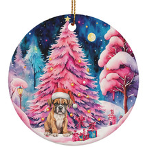 Cute Boxer Puppy Dog Pink Tree Ornament Ceramic Night Christmas Gift Decor - £11.82 GBP