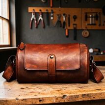 Vegetable Tanned Leather Cylinder Bag, Round Crossbody Satchel for Men a... - $99.00