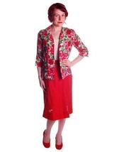 Vtg 50s Red Linen Skirt Printed Jacket Set Salon Lentheric John of Calif... - $148.45