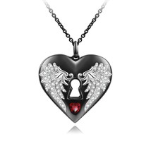 Heart Necklace In Black With Angel Wings And lock Engagement Pendent - £146.17 GBP