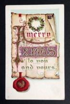 A Merry Xmas to You and Yours Wreath Parchment Gold Embossed Postcard c1910s - £6.38 GBP