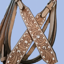 Light Oil Western Headstall Reins Set Bridle Tooled Buckstitch Crystals NEW image 2