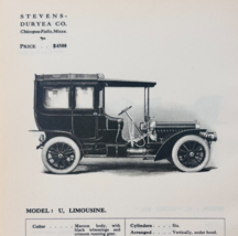 1908 Stevens Duryea Model U Limousine Catalog Advertisement Automobilia ... - $568.44 MXN