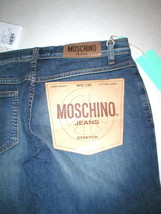 New Womens 30 Designer Moschino Blue Dark Jeans Logo Stretch NWT Distressed Hem - £758.12 GBP