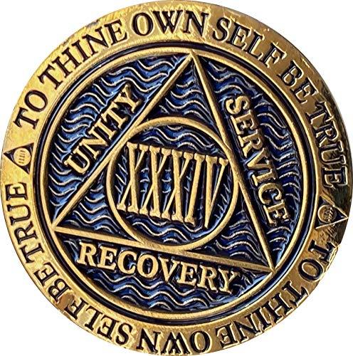 34 Year AA Medallion Dusty Blue Color Gold Plated Chip XXXIV