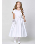 Girls White Satin First Communion Dress w/ Silver Corded Trim (185) - £72.32 GBP+