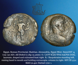 129-130 Ad (Ry 14) Romain Provincial Égypte Hadrian AE Diobol Harpokrates Pièce - £38.83 GBP