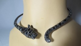 Betsey Johnson Rhinestone Black Panther Jaguar Cat Hinged Collar Enamel Necklace - £79.00 GBP