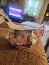 Vintage Cream Pitcher Germany Floral Pink Roses Blue Lustreware Art Deco Handle  - £14.03 GBP