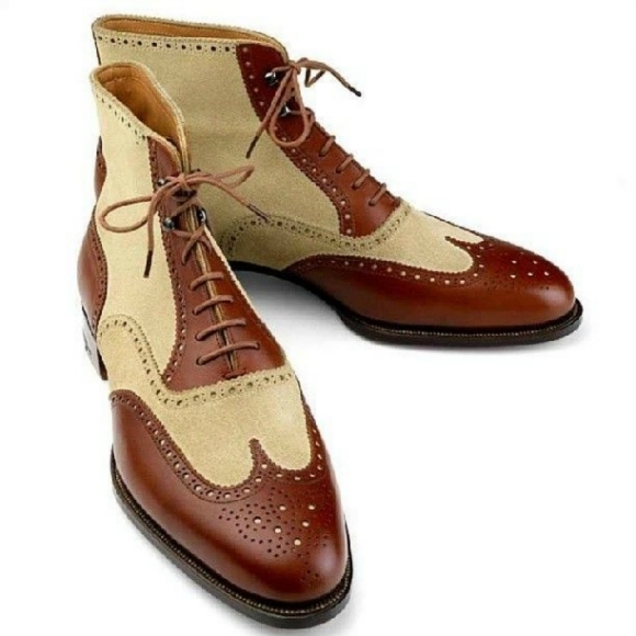 Men Brown Brogue Toe Beige Wing Tip Suede Real Leather High Ankle Boot US 7-16