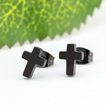 Men Women Black Small Cross Stud Earrings Surgical Steel Christian Jewelry Gift - £10.25 GBP