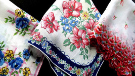 Lot of Three (3) Dainty 1940s Shabby Cottage Chic Flower All Linen Handkerchiefs - £19.10 GBP