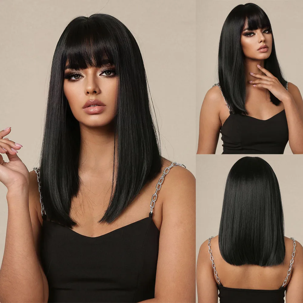 Straight Black Bob Synthetic Wig with Bangs Medium Long Cosplay Layered Wigs f - £13.46 GBP+