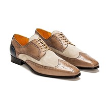 Oxford Beige &amp; Brown Blue Wing Tip Full Brogue Suede Leather Lace Up Shoes - £127.09 GBP