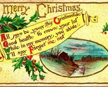 Holly Scroll Cabin Scene Poem Merry Christmas Embossed 1912 DB Postcard - $9.74