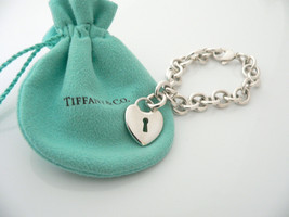 Tiffany &amp; Co Silver Heart Key Hole Charm Pendant Bracelet Bangle Gift Love Pouch - £374.23 GBP