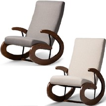 Modern Danish Walnut-Finish Wood Rocking Rocker Chair with Gray Beige Upholstery - £358.85 GBP