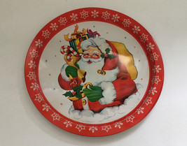 Vintage round metal serving tray santa with presents graphics made in Ho... - $19.75