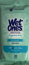 Wet Ones Hand &amp; Face Wipes Sensitive Skin Fragrance Free 1ea 20 pc pk NEW SHIP24 - $4.83