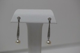 14K White Gold Filigree Dangle Pearl Earrings With Small Diamond Accents Pierced - £330.17 GBP