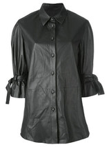 Slim Fit Genuine Lambskin Leather Stylish Women&#39;s Long Sleeve Black  Shirt - $107.71