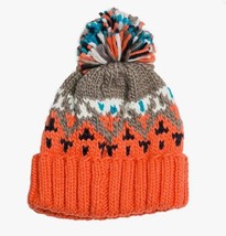 Orange, White, Taupe, Turquoise Nordic Design Pom Pom Knit Beanie Hat - £19.78 GBP