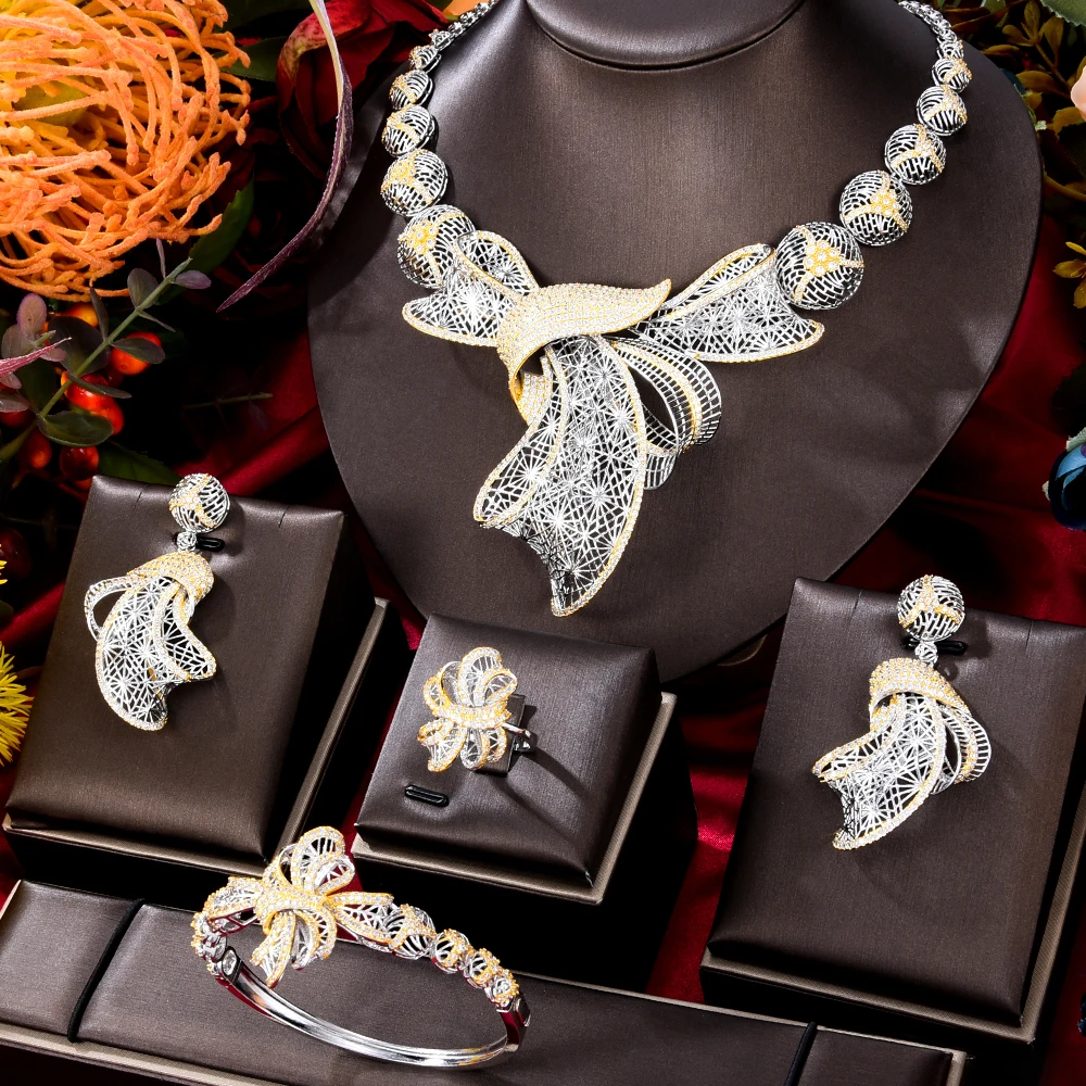 Fashion Luxury 4PCS Hollow Bowknots Nigerian Jewelry Set For Women Wedding Zirco - £162.48 GBP
