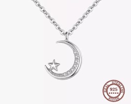 Sterling Silver 925 Moon And Star Pendant And 45cm Necklace With Clear CZ - £17.43 GBP