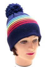 VTG Wool Meister Ski Snowboard Toboggan Hat Beanie Blue w/ Rainbow Stripes &amp; Pom - £13.58 GBP