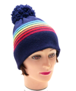 VTG Wool Meister Ski Snowboard Toboggan Hat Beanie Blue w/ Rainbow Strip... - £13.38 GBP