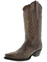 Womens Brown Western Cowboy Boots Gold Studs Stitched Snip Toe - £65.13 GBP