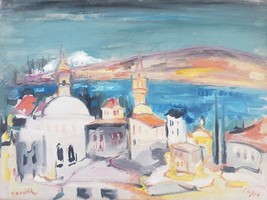 Rare Signed Mordechai Avniel Cityscape Oil Painting Tiberias Israel Jewish Art - £1,272.43 GBP