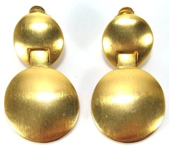 Signed Essex Satin Brushed Gold Clip-On Drop Earrings Round Double Disc 1.75&quot; L - £17.89 GBP