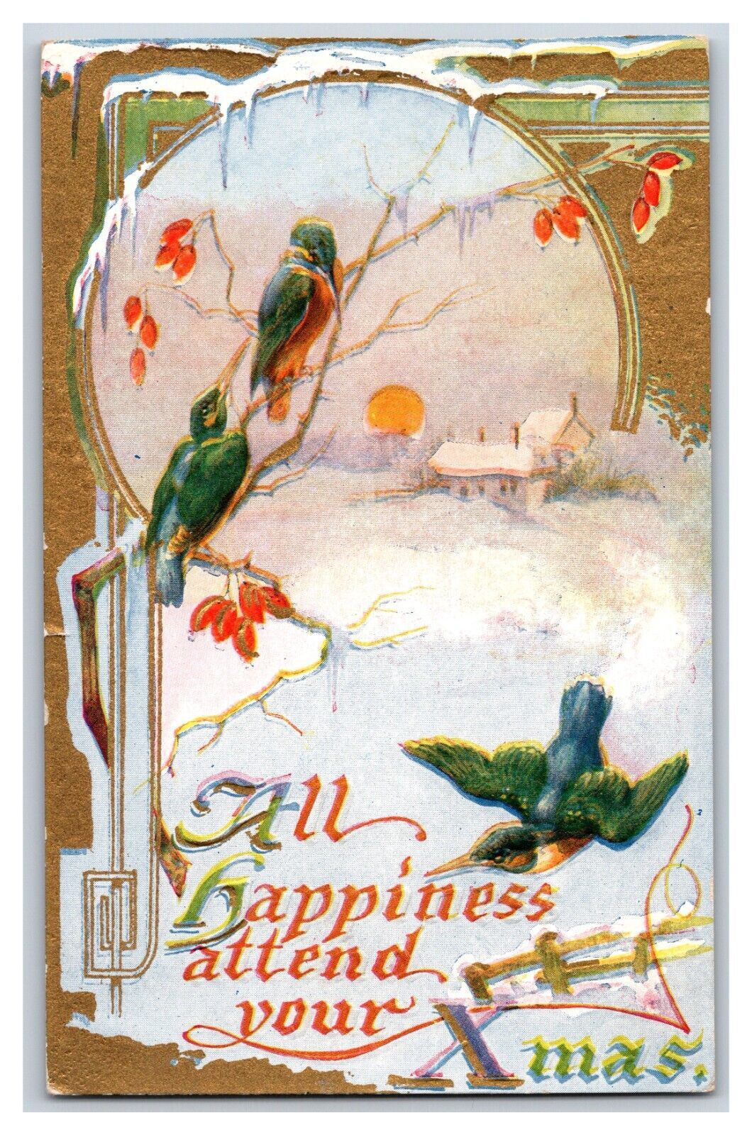 Primary image for Winter Cabin Scene Robins All Happiness Christmas Embossed DB Postcard R10