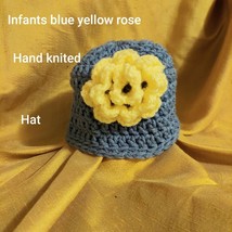 Infants Handmade Knitted Blue Yellow Rose Hat - £6.39 GBP