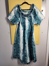 Karyl Kaye Vtg Hawaiian Dress MuuMuu Cotton Lei Floral Ruffle Blue Green - £35.50 GBP
