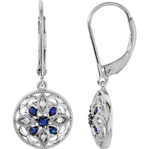 Sterling Silver Blue Sapphire and Diamond Flower Earrings - £310.23 GBP
