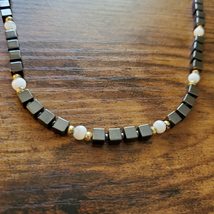 Vintage Glass Stone Bead Necklace, Black White Choker 16", Onyx Quartz image 6