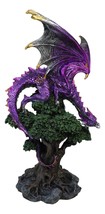 Fantasy Midnight Purple Dragon Perching On Ancient Tree Of Life Figurine - £39.95 GBP