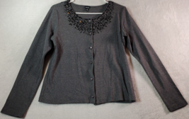Rafaella Cardigan Sweater Women Size Medium Gray 100% Cotton Beaded Button Front - £8.59 GBP