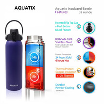 Aquatix Purple Lavender Insulated FlipTop Sport Bottle 32oz Pure Stainless Steel - £20.54 GBP