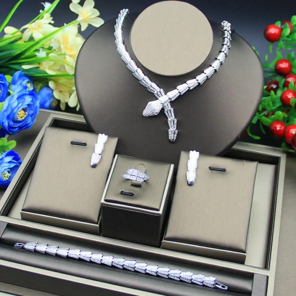 Luxury Cubic Zirconia Necklace Bracelet Earrings and Ring 4pcs Dubai Full Jewelr - £58.61 GBP