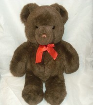 17&quot; Vintage Dark Brown Teddy Bear Gund Stuffed Animal Plush Toy Red Bow Big Soft - £34.21 GBP