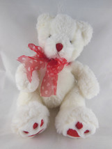Russ Berrie White Teddy Bear plush 10&quot; Heartley w Red Hearts on feet and... - $7.95