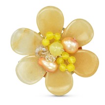 Colorful Daisy Flower Yellow Jade, Agate, Crystals, and Pearls Brooch Pin - £12.75 GBP