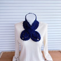 Hand knit keyhole scarf, knitted navy blue scarf, crochet lace necklace - £22.05 GBP