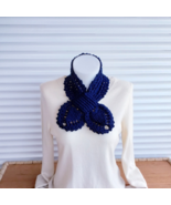Hand knit keyhole scarf, knitted navy blue scarf, crochet lace necklace - £22.35 GBP