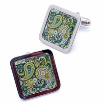 Unique Jade Paisley Cufflinks Chrome Retro Print Smart Wedding Gift Fab Green - £11.91 GBP