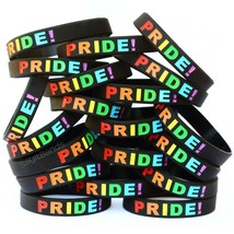 An item in the Sporting Goods category: 10 PRIDE Wristbands - Rainbow Design on Black Bracelets - Debossed Color Filled